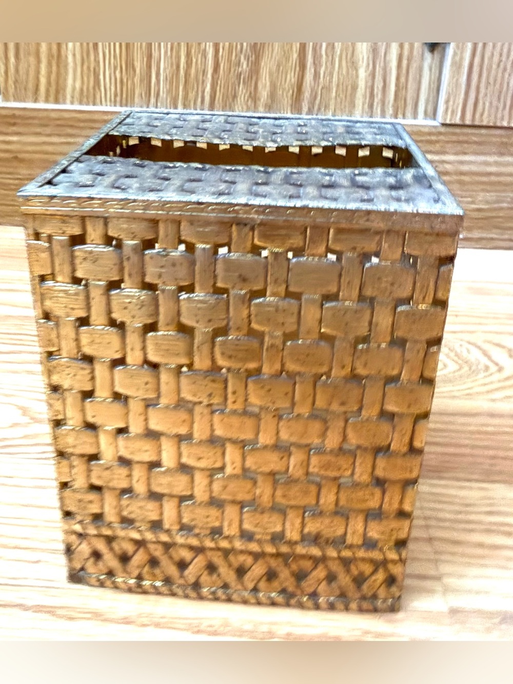 Vintage Hollywood Regency Gold Metal Basket weave Design Square Tissue Box